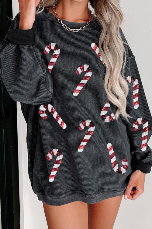 Sequin Candy Cane Round Neck Sweatshirt - Ladyez