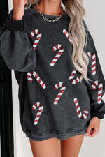 Sequin Candy Cane Round Neck Sweatshirt - Ladyez