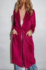 Collared Neck Longline Velvet Cardigan with Pockets - Ladyez