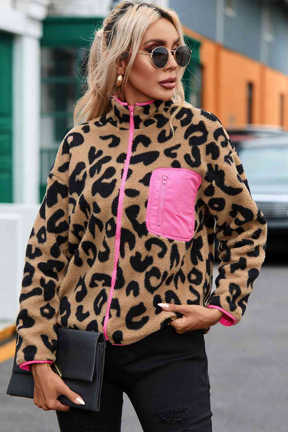Leopard Zip-Up Dropped Shoulder Jacket - Ladyez