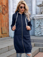 Zip-Up Longline Hoodie with Pockets - Ladyez