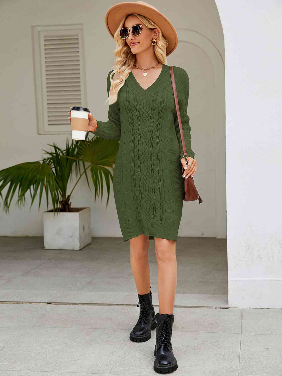 Cable-Knit V-Neck Mini Sweater Dress - Ladyez