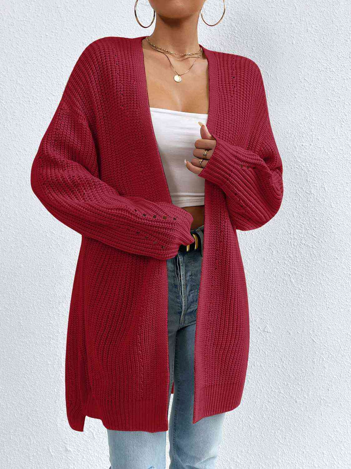 Open Front Dropped Shoulder Slit Cardigan - Ladyez