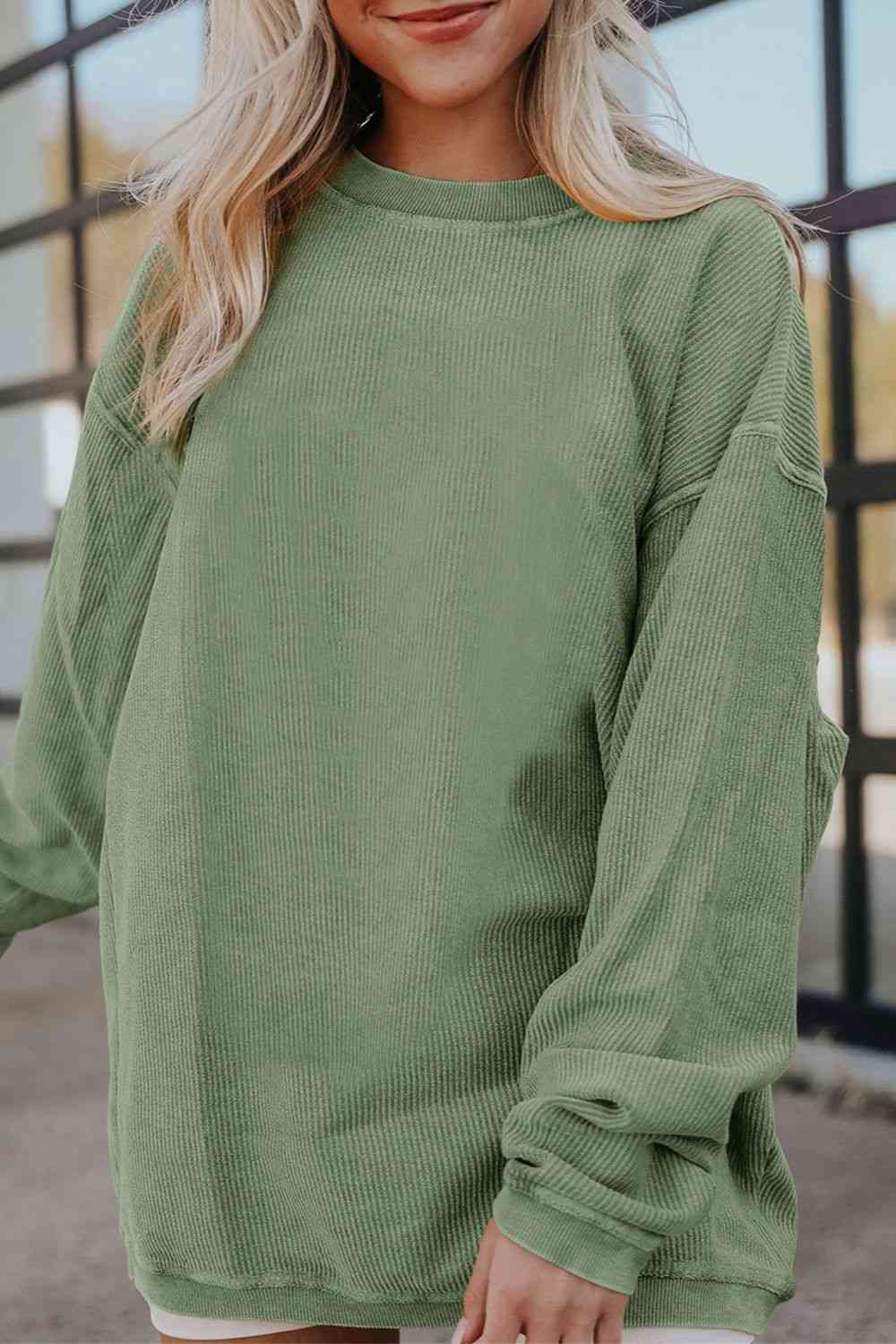 Ribbed Round Neck Drop Shoulder Sweatshirt - Ladyez