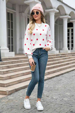Woven Right Polka Dot Round Neck Dropped Shoulder Sweater - Ladyez