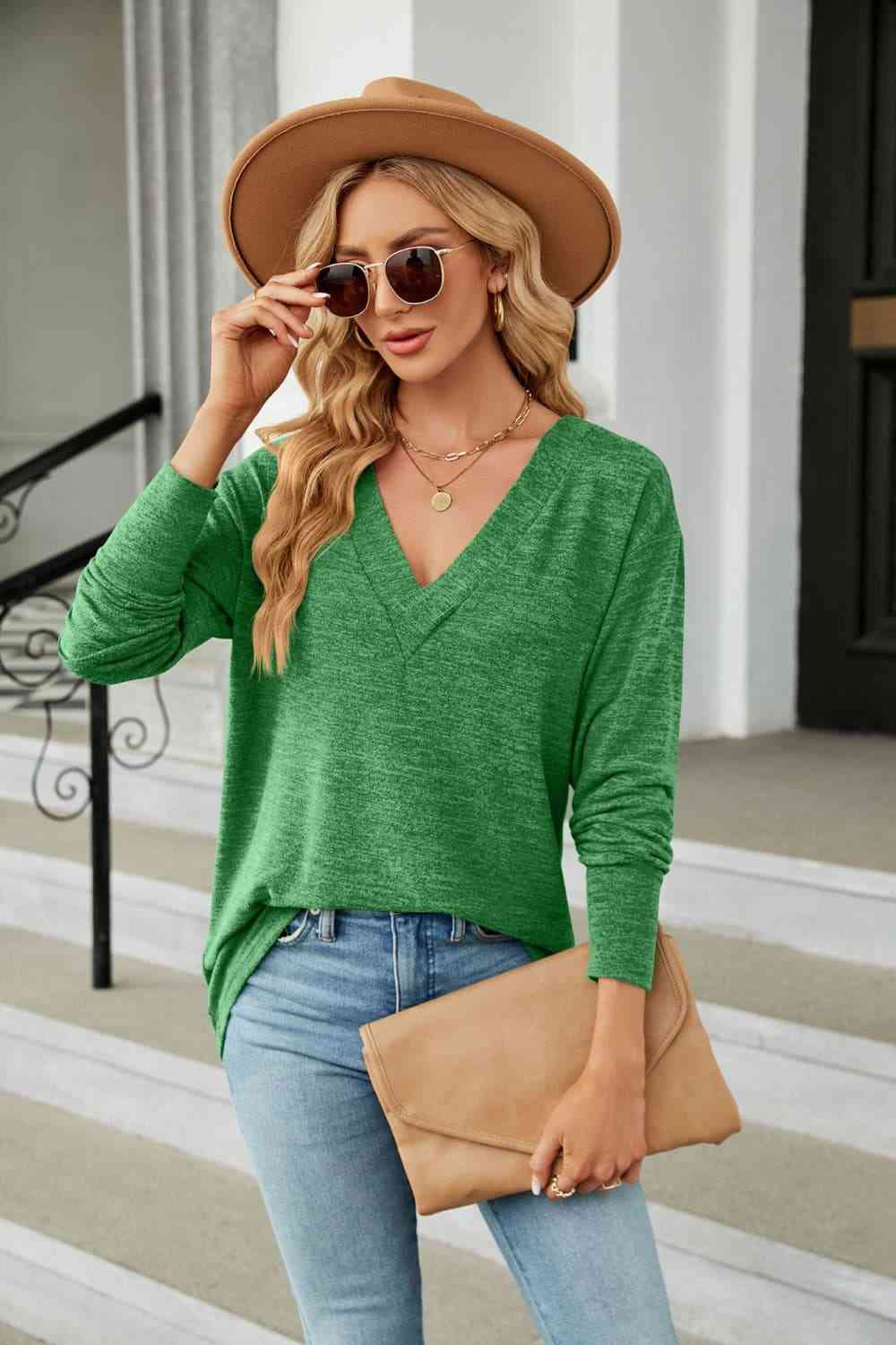 V-Neck Long Sleeve T-Shirt - Ladyez
