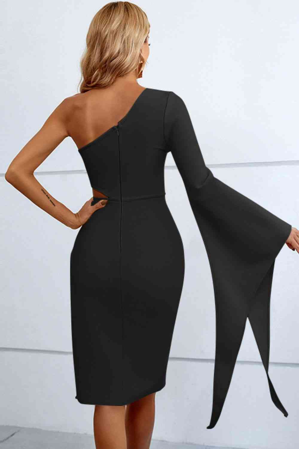 Cutout Split Flare Sleeve One-Shoulder Dress - Ladyez