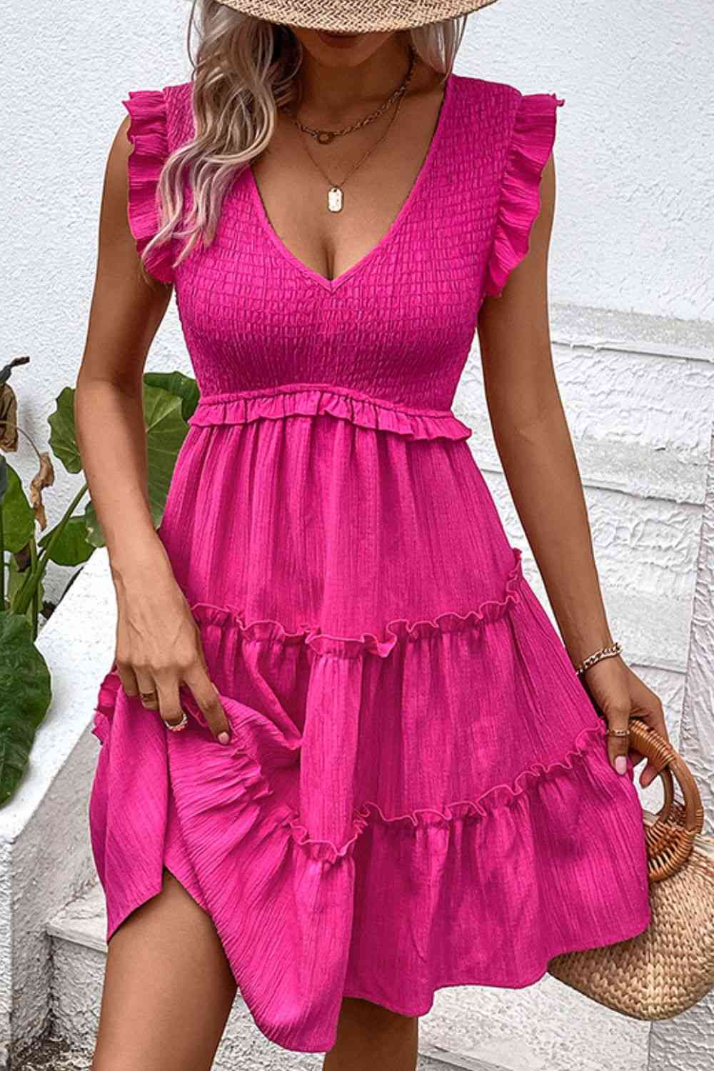 Smocked Frill Trim Deep V Dress - Ladyez
