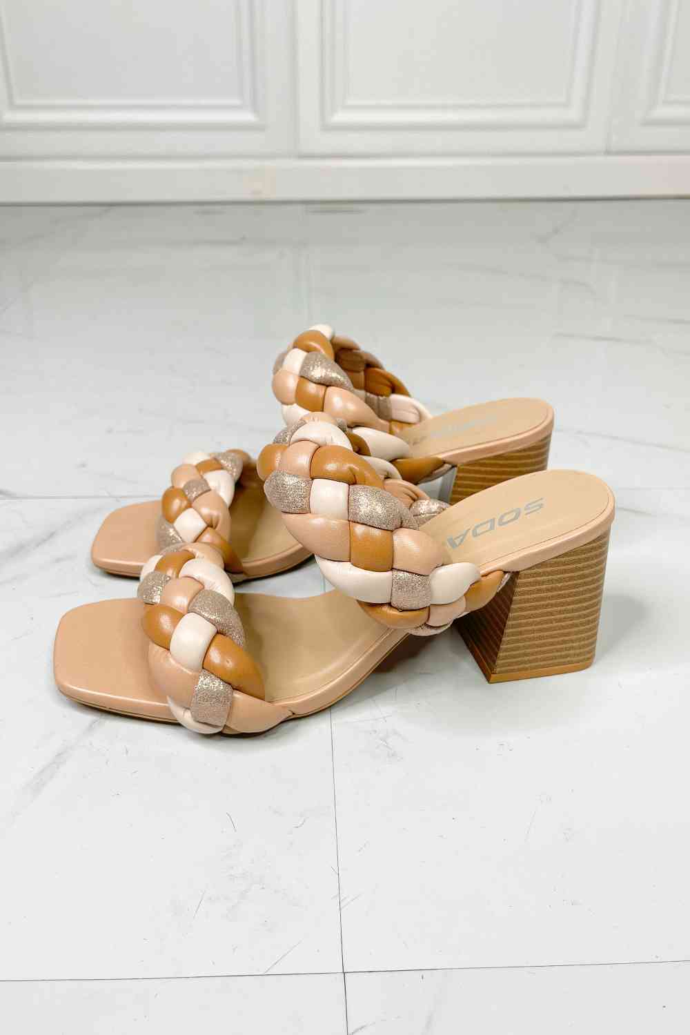 SODA Interwoven Ideas Braided Strap Block Heel Slide Sandal in Nude - Ladyez