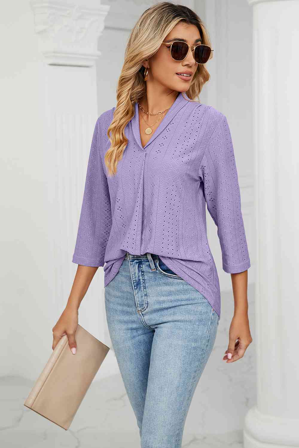 Eyelet Three-Quarter Sleeve Blouse - Ladyez