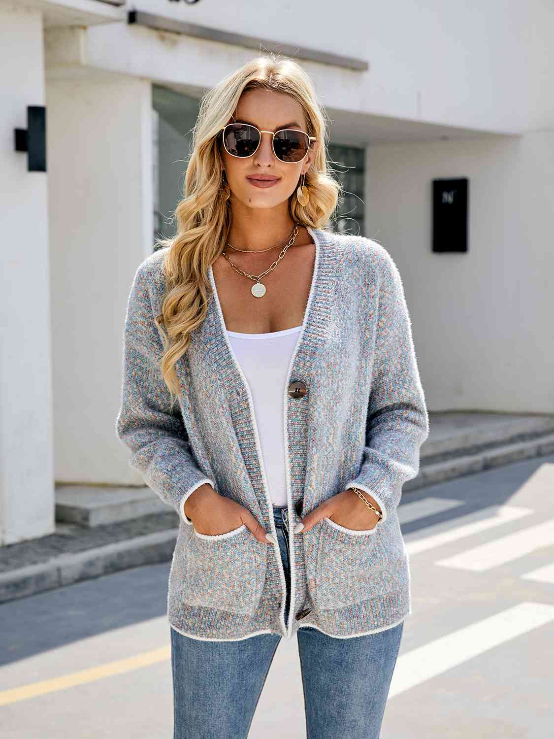 Button Down V-Neck Cardigan with Pockets - Ladyez