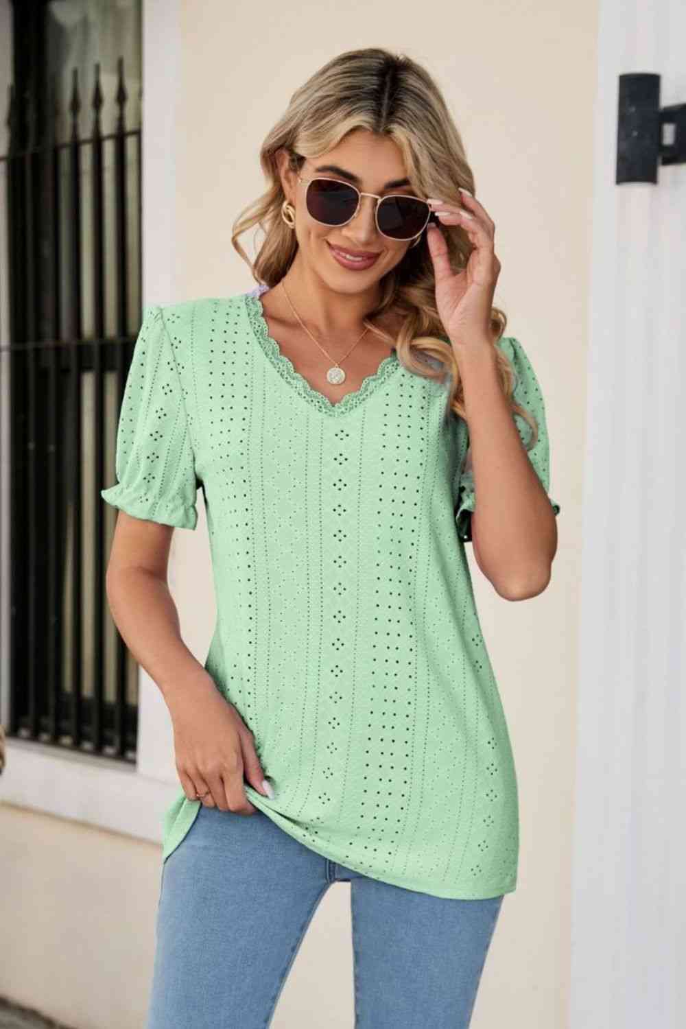 Eyelet Flounce Sleeve Scalloped V-Neck Top - Ladyez
