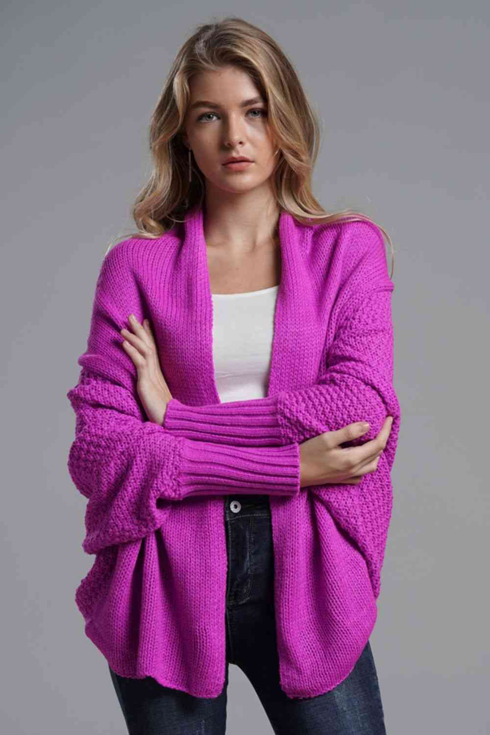 Double Take Dolman Sleeve Open Front Ribbed Trim Longline Cardigan - Ladyez