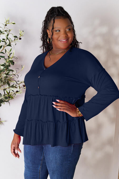 Double Take Half Button Long Sleeve Ruffle Hem Blouse - Ladyez