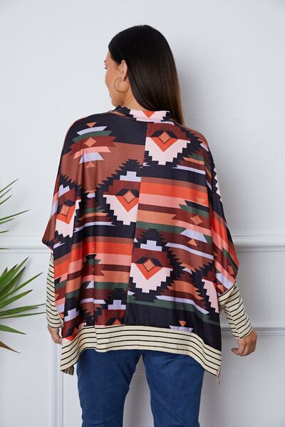 Geometric Striped Splicing Round Neck Blouse - Ladyez