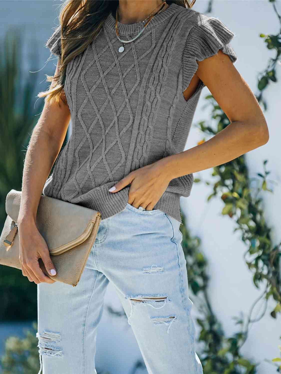 Round Neck Cap Sleeve Sweater - Ladyez