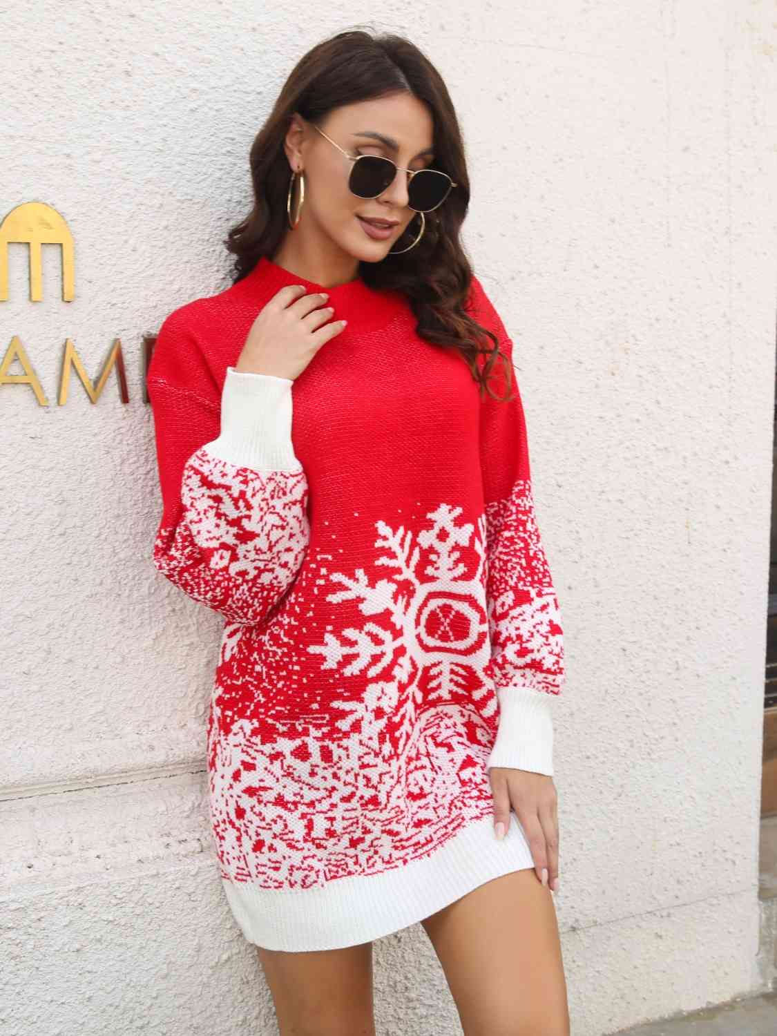 Snowflake Pattern Sweater Dress - Ladyez