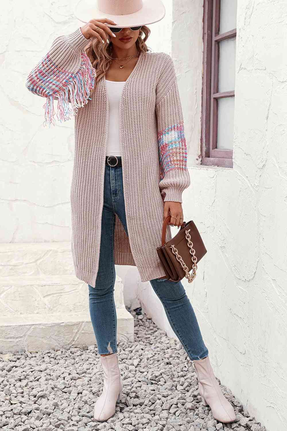 Fringe Sleeve Dropped Shoulder Cardigan - Ladyez