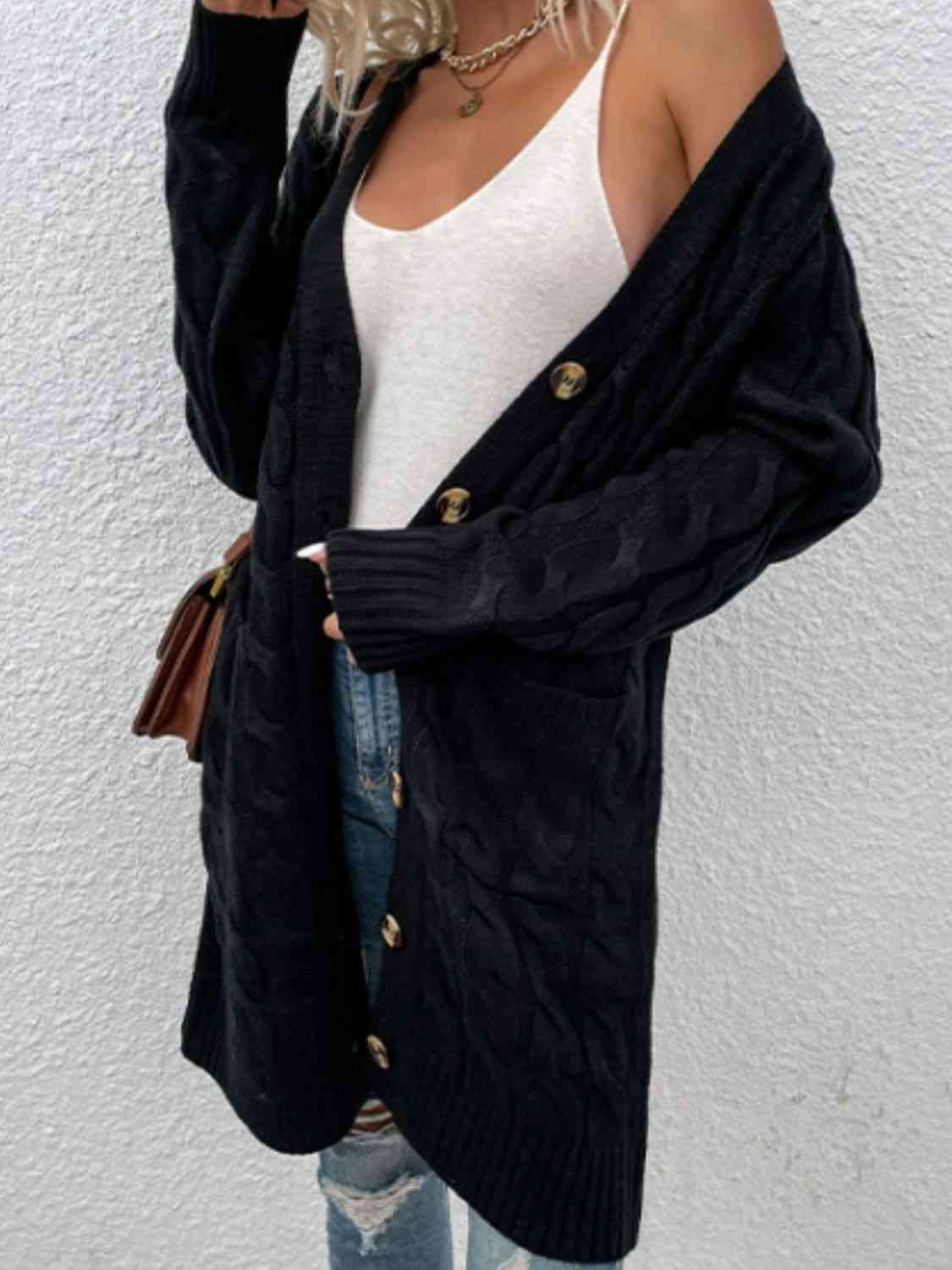 Cable-Knit Button Down Cardigan with Pockets - Ladyez
