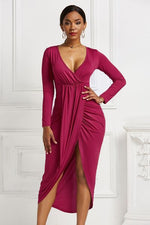 High-low Ruched Surplice Long Sleeve Dress - Ladyez