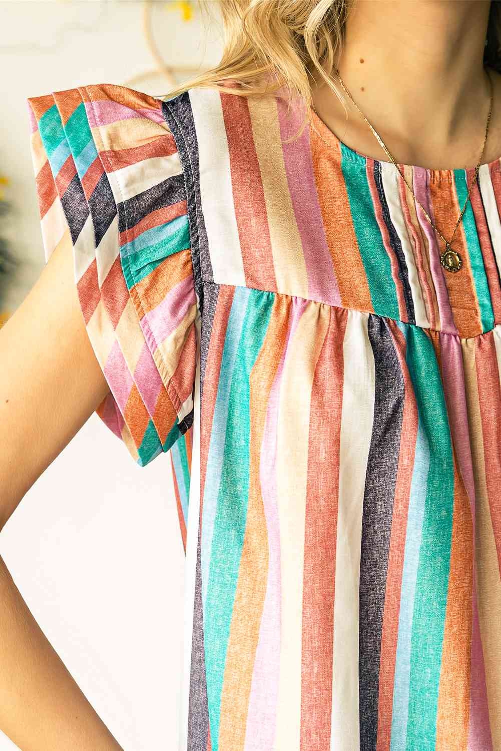 Multicolored Stripe Flutter Sleeve Blouse - Ladyez
