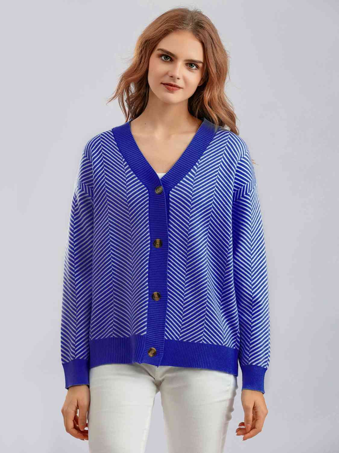 Button Down V-Neck Cardigan - Ladyez