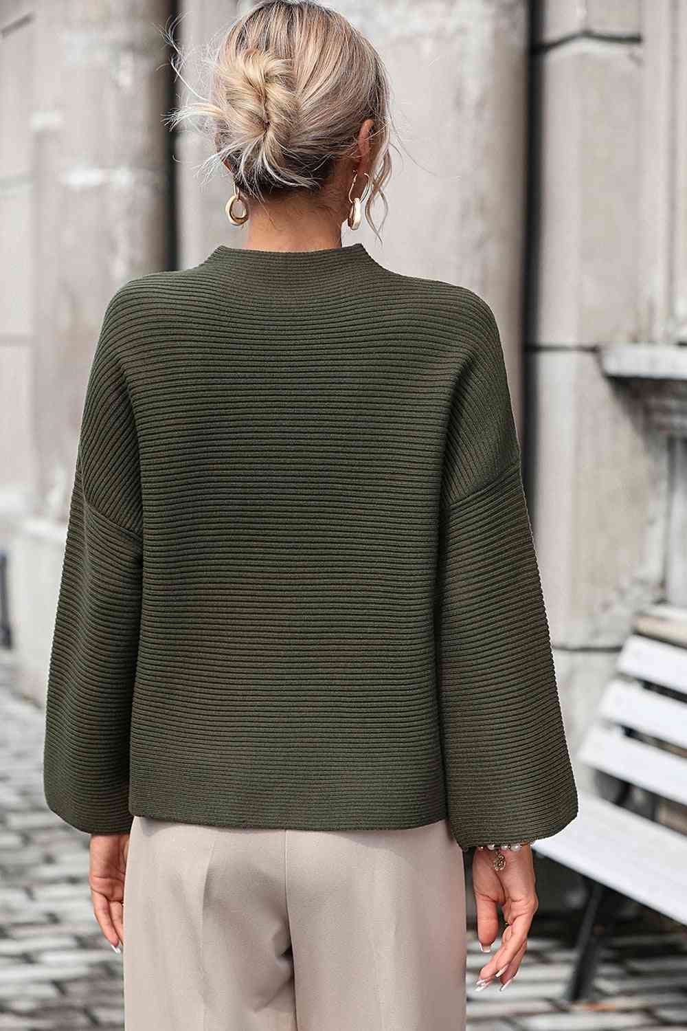 Mock Neck Dropped Shoulder Pullover Sweater - Ladyez