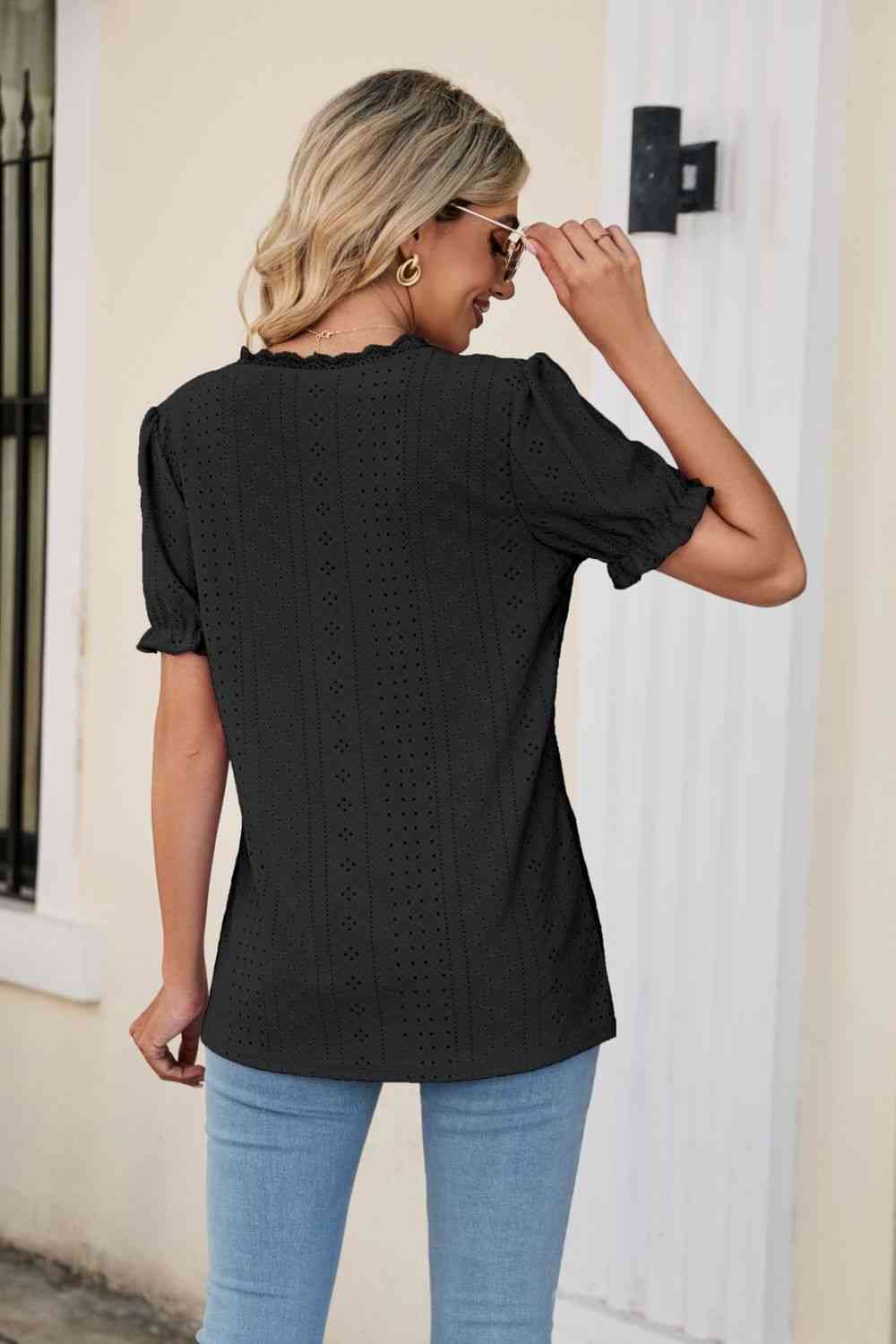Eyelet Flounce Sleeve Scalloped V-Neck Top - Ladyez