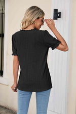 Eyelet Flounce Sleeve Scalloped V-Neck Top - Ladyez