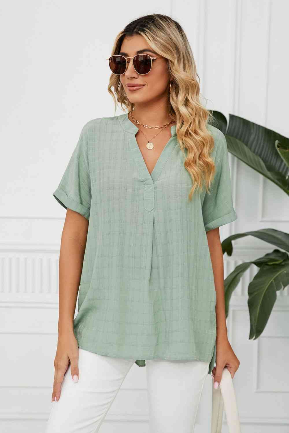 Side Slit Notched Neck Cuffed Short Sleeve Blouse - Ladyez