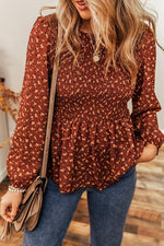 Floral Smocked Ruffle Hem Long Sleeve Blouse - Ladyez