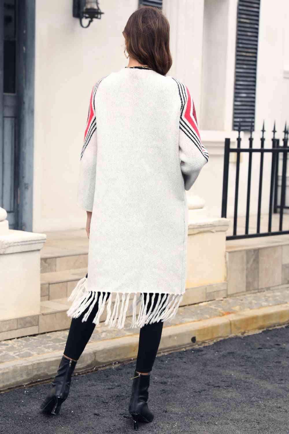 Double Take Geometric Fringe Hem Open Front Duster Cardigan - Ladyez