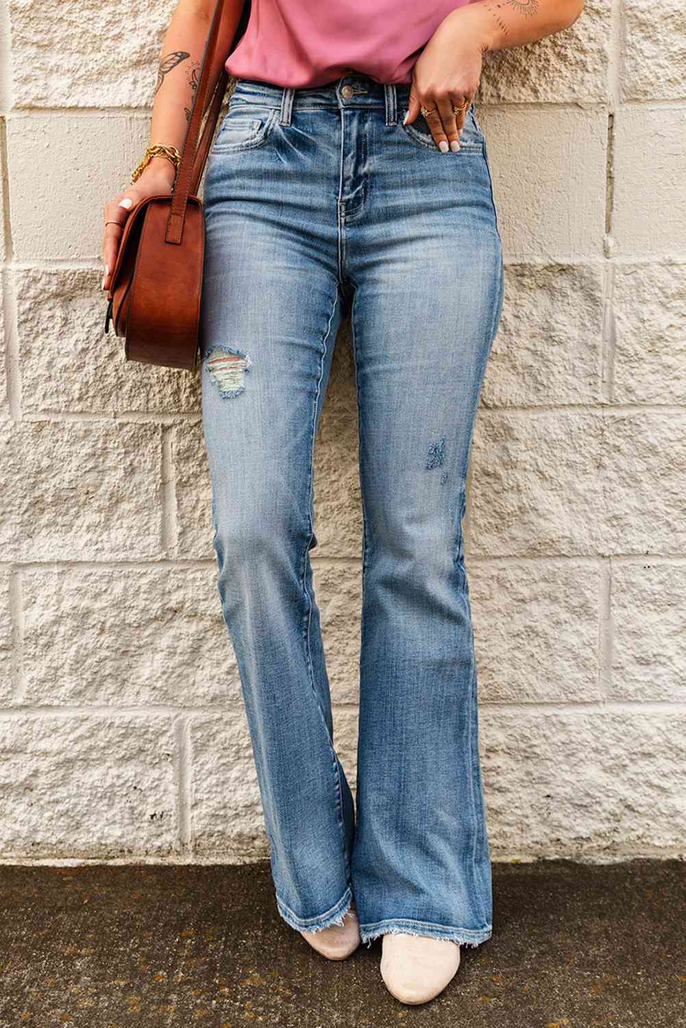 High-Rise Waist Distressed Flare Jeans - Ladyez