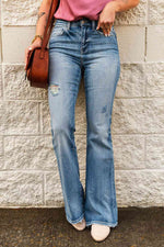 High-Rise Waist Distressed Flare Jeans - Ladyez