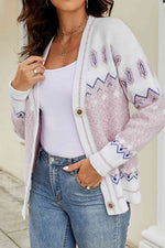 Printed V-Neck Buttoned Cardigan - Ladyez