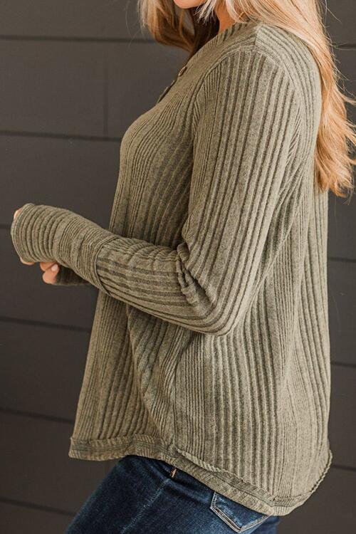 Ribbed Buttoned Long Sleeve Blouse - Ladyez