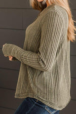 Ribbed Buttoned Long Sleeve Blouse - Ladyez