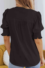 Smocked Flounce Sleeve Notched Neck Blouse - Ladyez