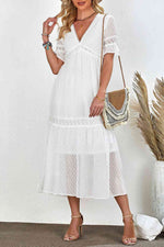 Swiss Dot V-Neck Short Sleeve Midi Dress - Ladyez