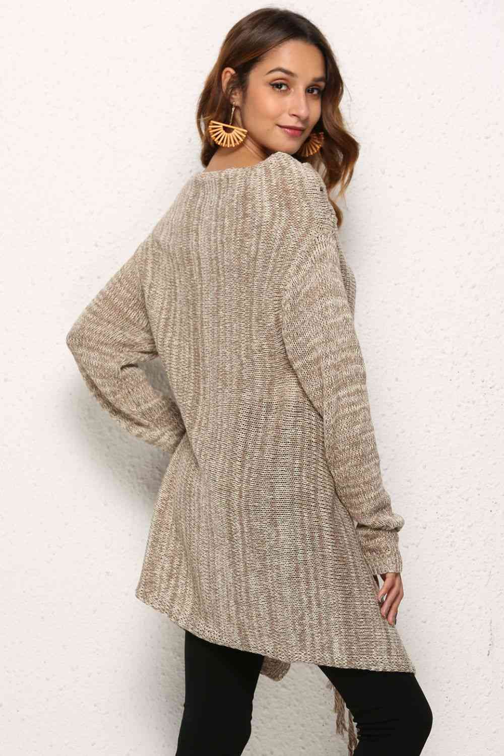 One-Button Tassel Tie Asymmetrical Hem Cardigan - Ladyez
