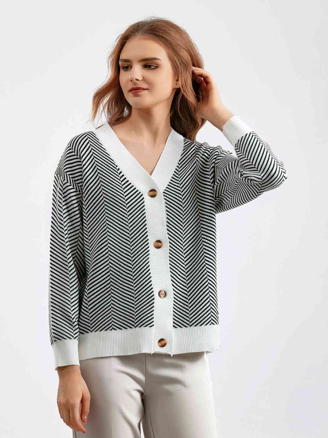 Button Down V-Neck Cardigan - Ladyez