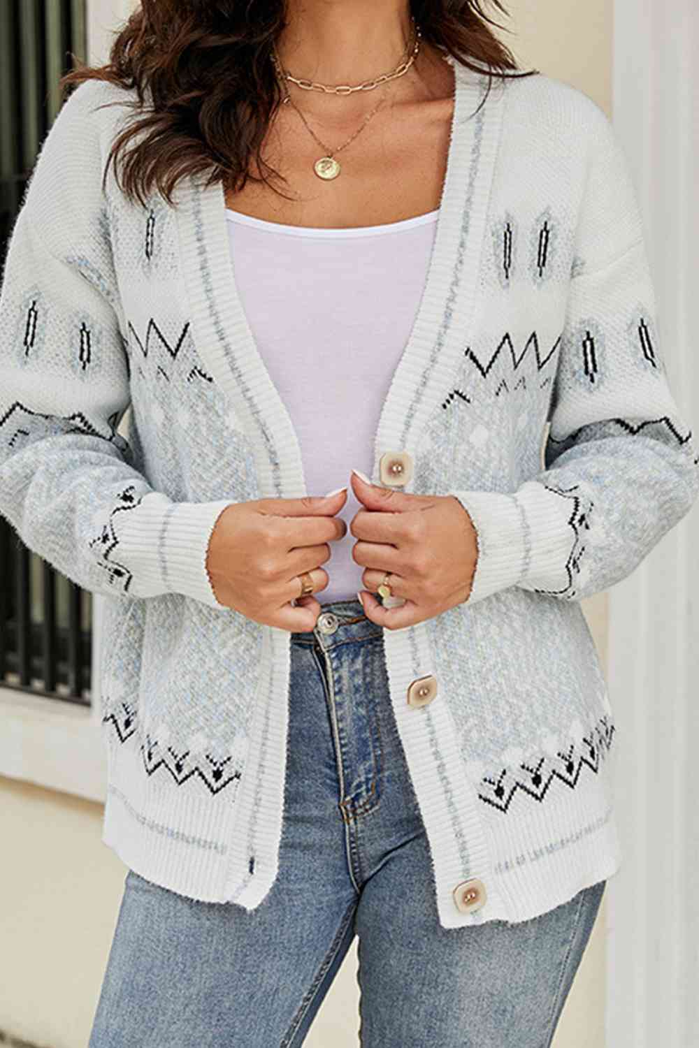 Printed V-Neck Buttoned Cardigan - Ladyez