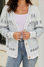 Printed V-Neck Buttoned Cardigan - Ladyez