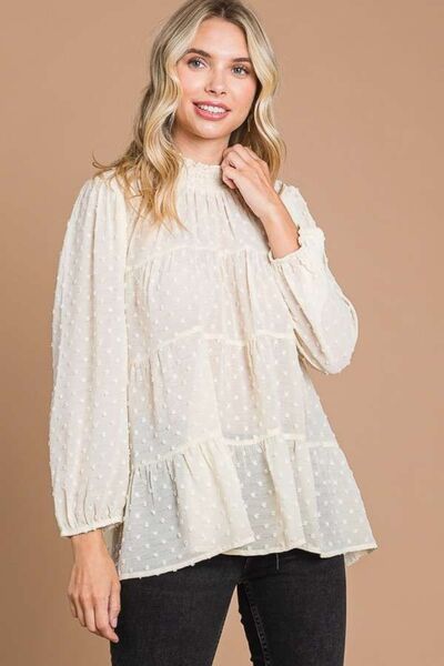 Culture Code Full Size Swiss Dot Smocked Mock Neck Blouse - Ladyez