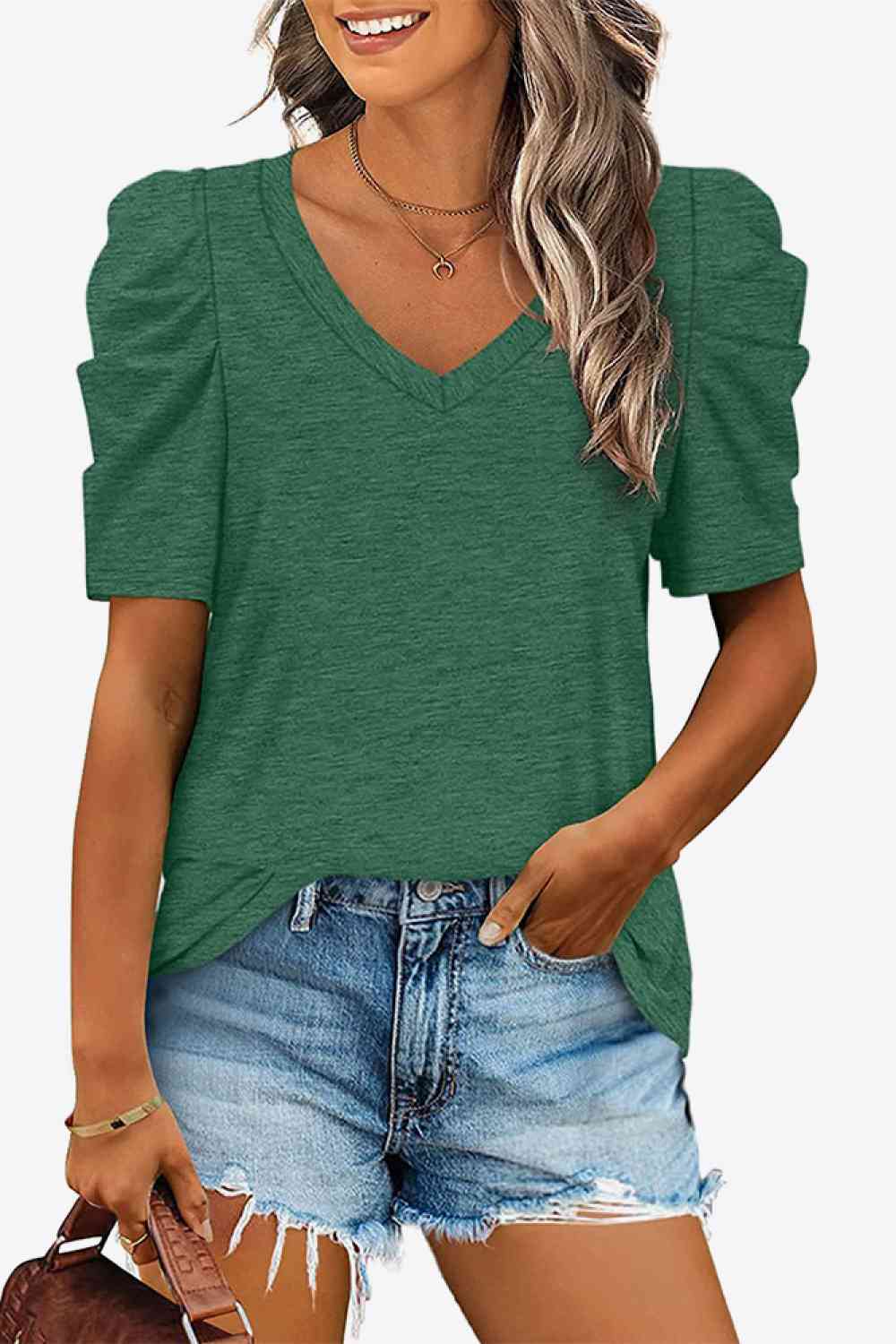 V-Neck Puff Sleeve Tee - Ladyez