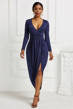High-low Ruched Surplice Long Sleeve Dress - Ladyez