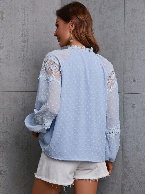 Crochet Tassel Tie Neck Long Sleeve Blouse - Ladyez