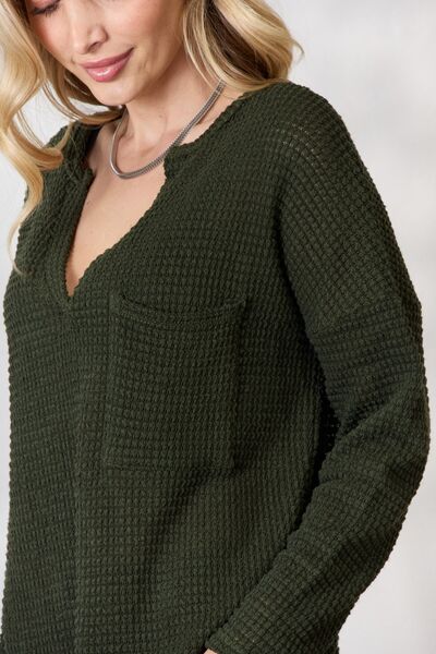 BiBi Notched Popcorn Waffle Long Sleeve Top - Ladyez