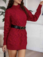 Cable-Knit Turtleneck Sweater Dress - Ladyez