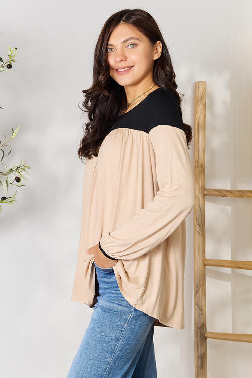 BOMBOM Contrast Long Sleeve Ruched Blouse - Ladyez